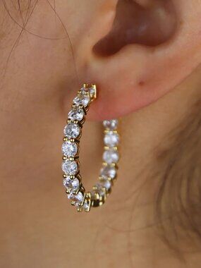 Round Cut 2mm Hoop Double Inlay Eternity Earrings